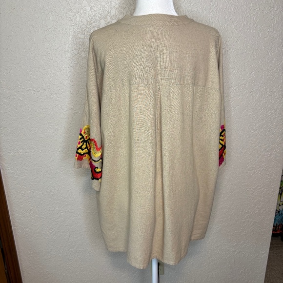 Natori Beige Tan Embroidery Linen V-Neck Dolman Sleeve Tunic Top Women's Size L - Picture 6 of 17